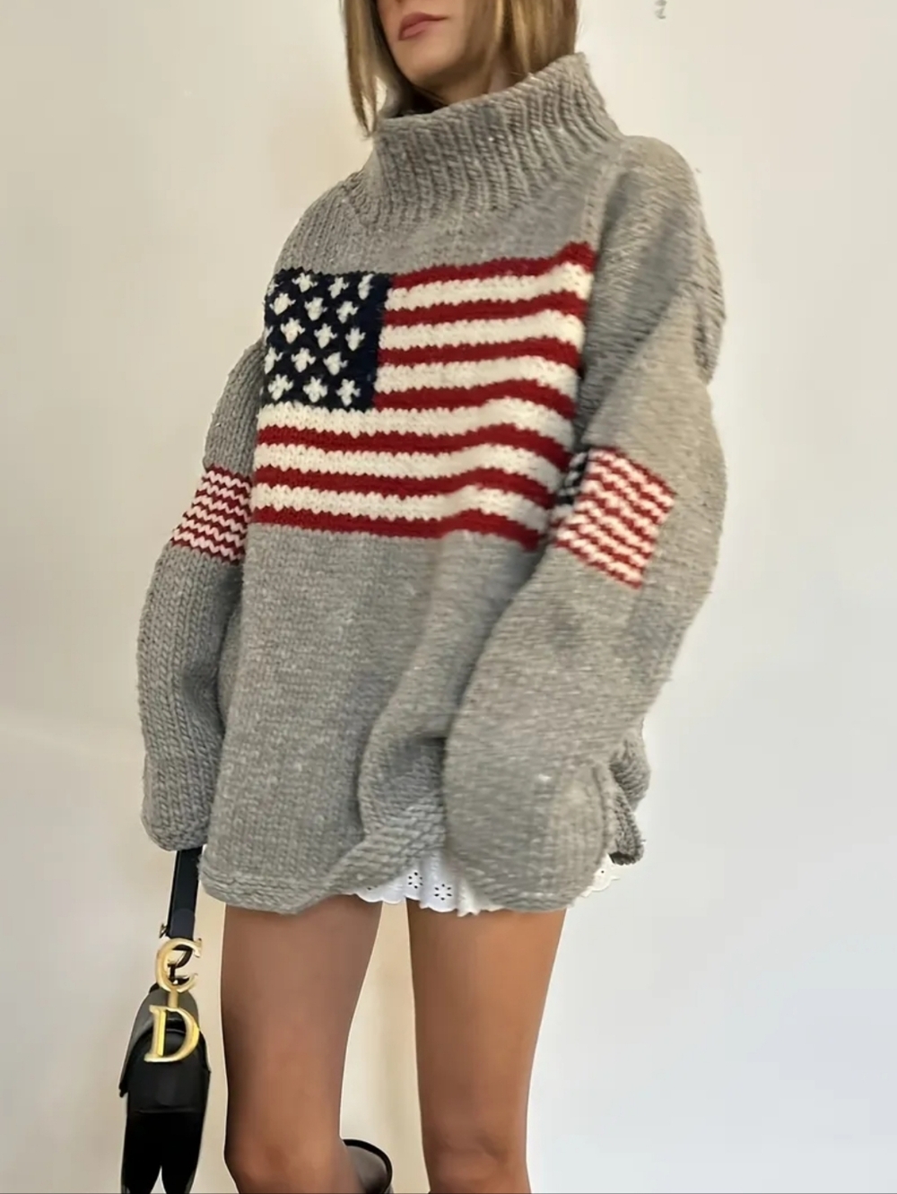 Womens American Flag Sweater Oversized Turtleneck Pullover Cozy Long Sleeve - Picture 3 of 3